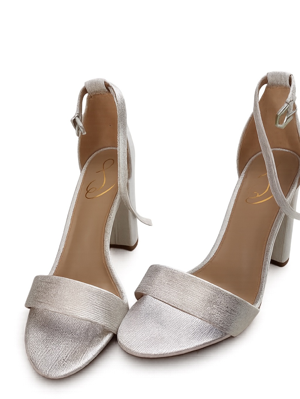 Delman Silver Metallic Block Heel Ankle Strap Sandals